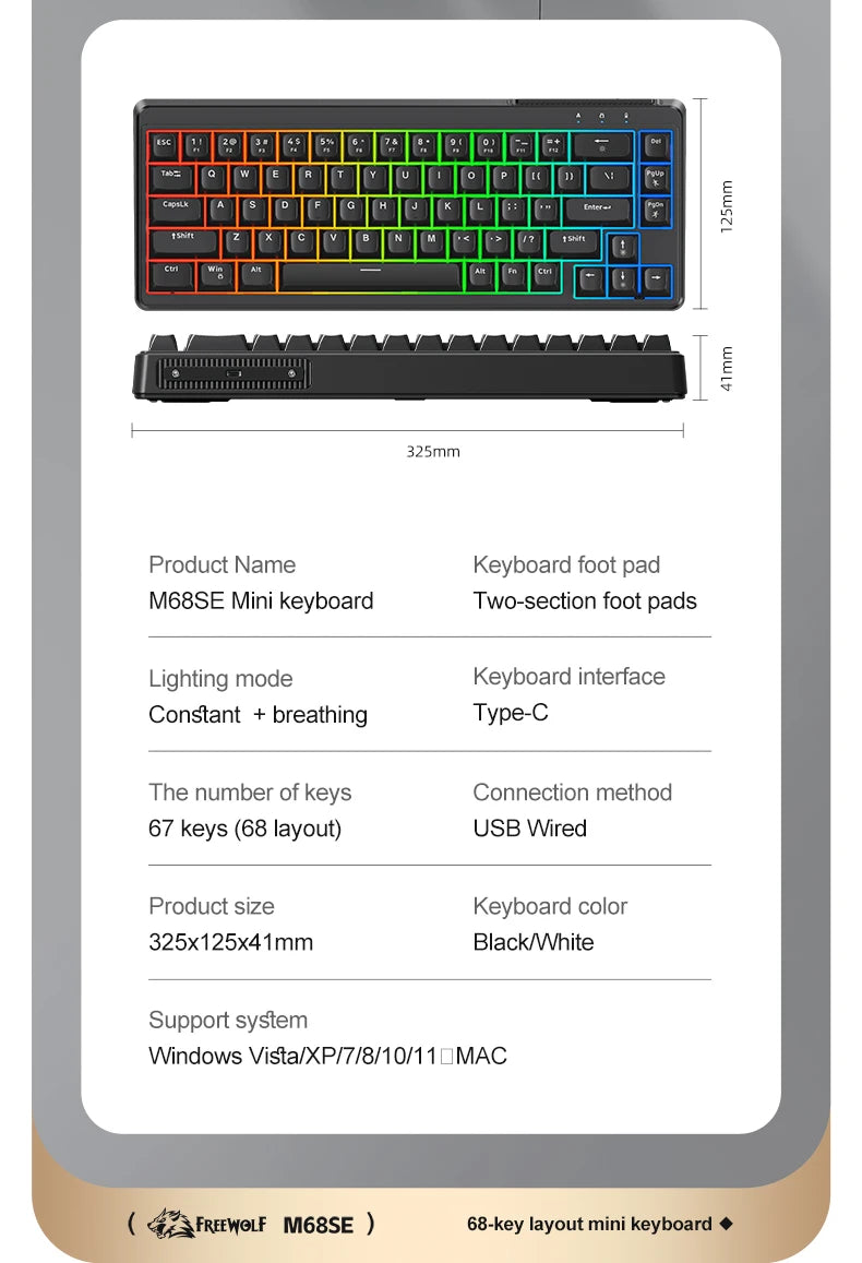 FREEWOLF M68SE Teclado Mini com Fio de 68 Teclas, Retroiluminação RGB, Type-C, Layout 68%, Compacto para Gaming, Escritório, PC e Portátil