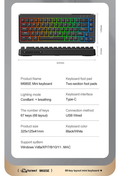 FREEWOLF M68SE Teclado Mini com Fio de 68 Teclas, Retroiluminação RGB, Type-C, Layout 68%, Compacto para Gaming, Escritório, PC e Portátil