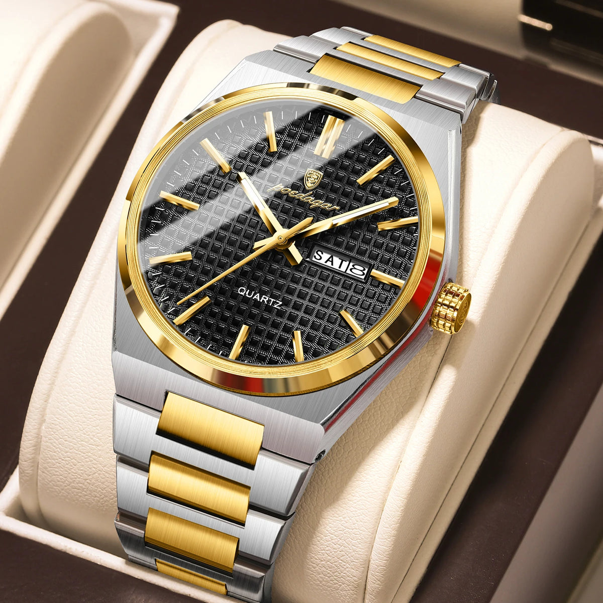 POEDAGAR luxury men’s wristwatch, water-resistant, luminous, stainless steel, with date and day of the week, quartz movement, business style.