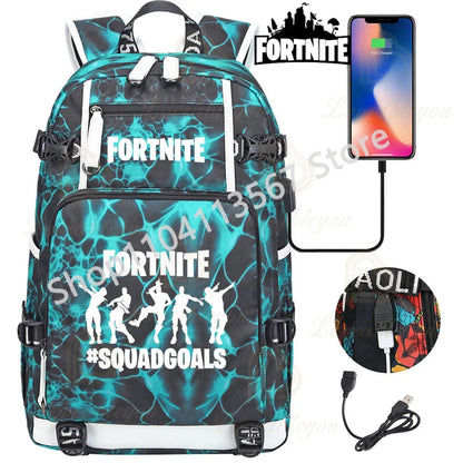 Mochila Yule Trooper F-Fortnited Battle Royale com carregamento USB, figuras anime e compartimento para material escolar para estudantes
