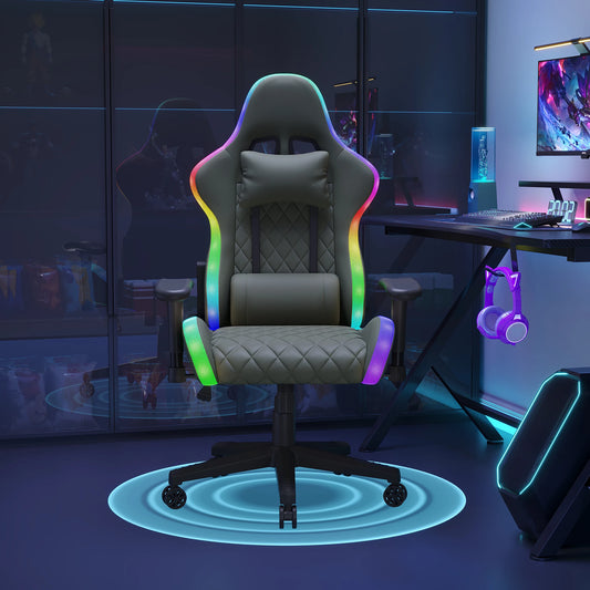 Ergonomic Gaming Chair with Massage Function, RGB LED, 90-135 Degree Recline, Up to 130kg, Office Chair, Premium Leather, Black