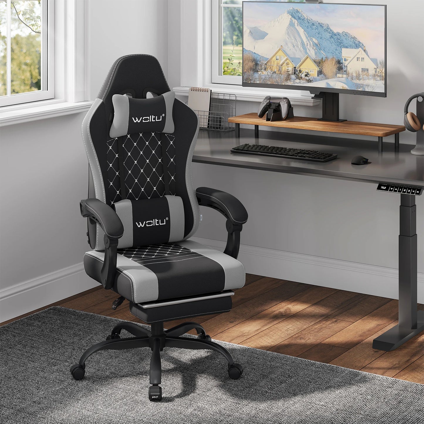 Sedia da ufficio girevole WOLTU con funzione massaggio, poltrona ergonomica con cuscino e poggiapiedi, sedia gaming regolabile in altezza