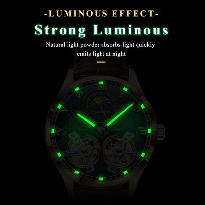 CAREKISO Fashion Men's Clock Double Hollow Tourbillon Automatic Mechanical Man Watch Waterproof Luminous Leather Men's Watches+Box