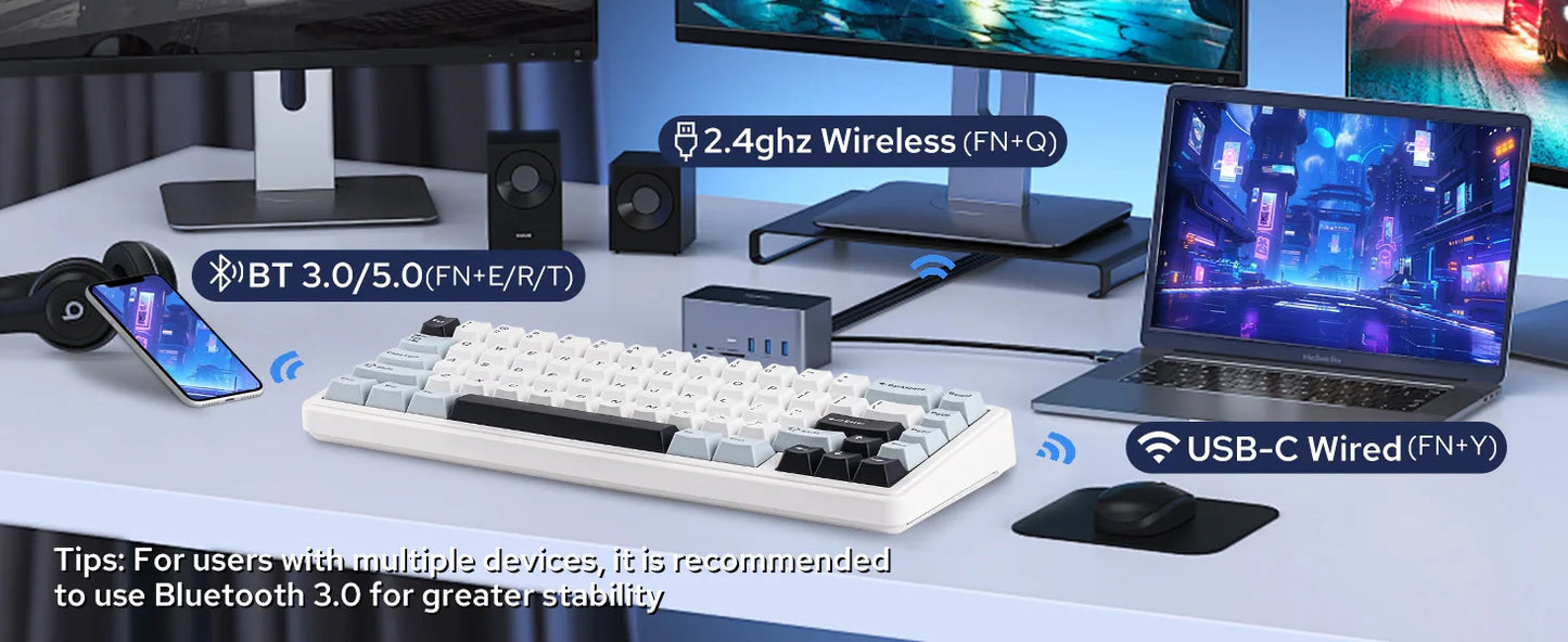 Teclado mecânico EPOMAKER x AULA F65 com layout 65%, hot-swap, montagem gasket e ligação com fios/Bluetooth/2.4G sem fios para Mac/Win