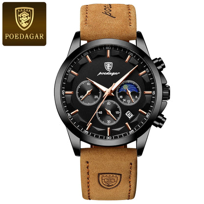 Montre-bracelet de luxe élégante pour homme POEDAGAR, étanche, chronographe, date lumineuse, bracelet en cuir, mouvement à quartz, montre de sport pour homme