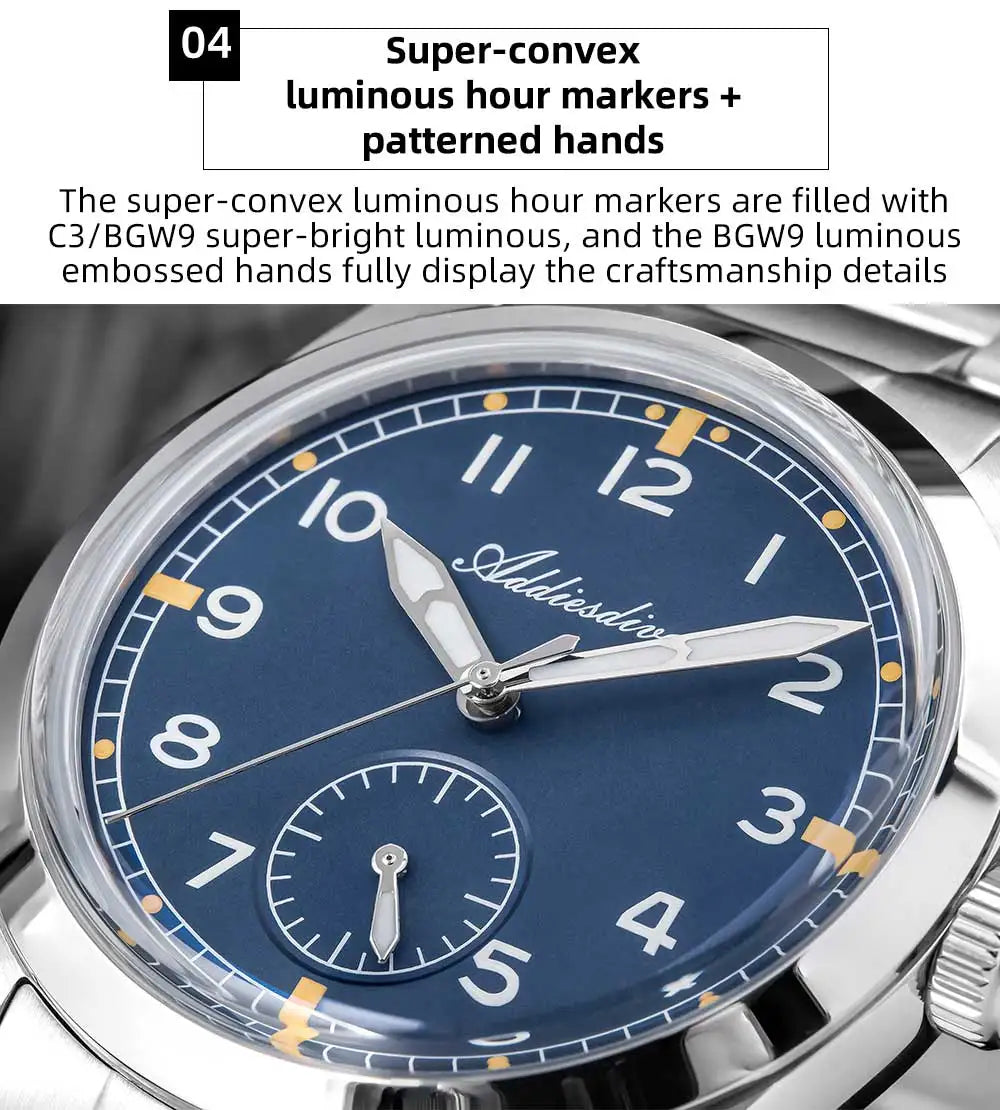 ADDIESDIVE 36mm Herren-Quarzuhr VH60 mit BGW9-Leuchtbeschichtung, Bubble-Mirror-Topfdeckelglas, 10Bar wasserdicht, Edelstahl-Uhr