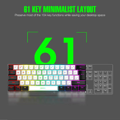 Wasserdichte mechanische 61-Tasten-Tastatur mit Kabel in Weiß, mit schwarzen und blauen Switches, RGB-beleuchtet – Gaming- und Office-Set, PUBG Gamer Backlit