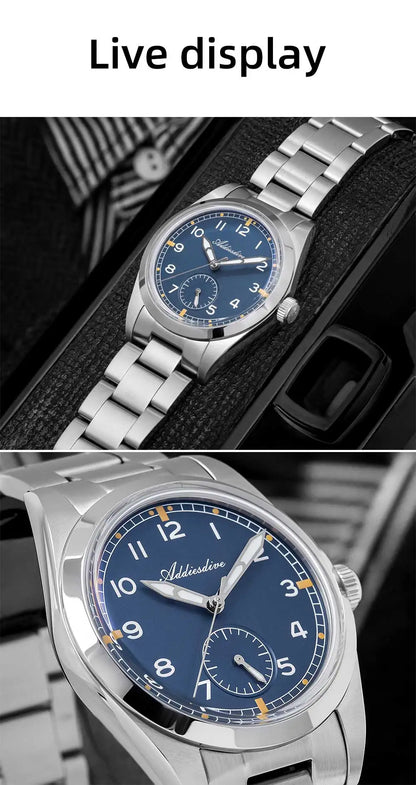 ADDIESDIVE 36mm Herren-Quarzuhr VH60 mit BGW9-Leuchtbeschichtung, Bubble-Mirror-Topfdeckelglas, 10Bar wasserdicht, Edelstahl-Uhr