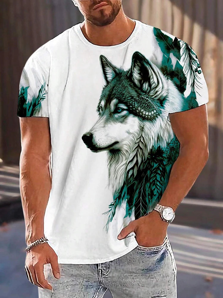 T-shirt de homem com estampado de lobo e olhos diferentes — T-shirt casual diária masculina, moda urbana streetwear, manga curta, verão, desporto ao ar livre