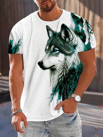 T-shirt de homem com estampado de lobo e olhos diferentes — T-shirt casual diária masculina, moda urbana streetwear, manga curta, verão, desporto ao ar livre