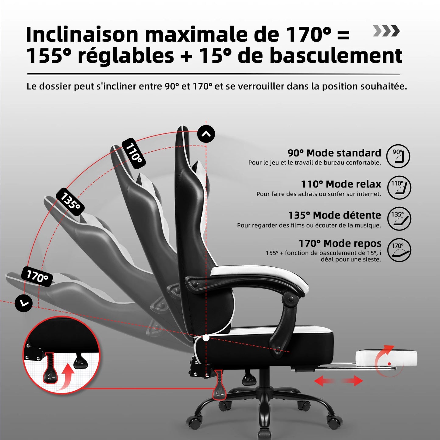 Daccormax Ergonomic Gaming Chair with Footrest, 170° Reclining High Back PC Gaming Chair, Lumbar Support, Adjustable Armrests & Breathable Leather