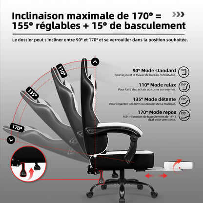 Daccormax Ergonomic Gaming Chair with Footrest, 170° Reclining High Back PC Gaming Chair, Lumbar Support, Adjustable Armrests & Breathable Leather