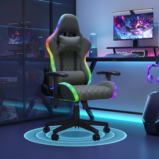 Comanlai Ergonomic Gaming Chair with RGB LED Lights Massage Lumbar Pillow Adjustable Recline Height Game Chair for Office Gaming