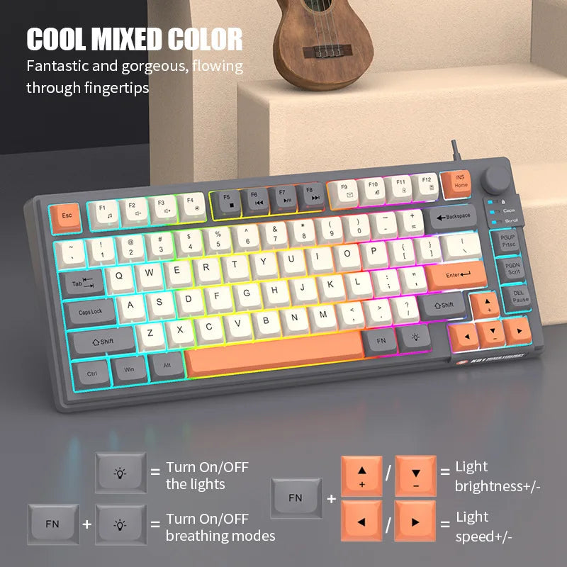 Teclado Gaming K81 com 81 Teclas, Layout 80%, Espanhol, Russo, Coreano e Árabe, USB com Fio, Luz RGB, Botão de Volume, Ergonómico