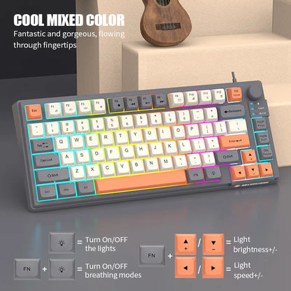 Teclado Gaming K81 com 81 Teclas, Layout 80%, Espanhol, Russo, Coreano e Árabe, USB com Fio, Luz RGB, Botão de Volume, Ergonómico