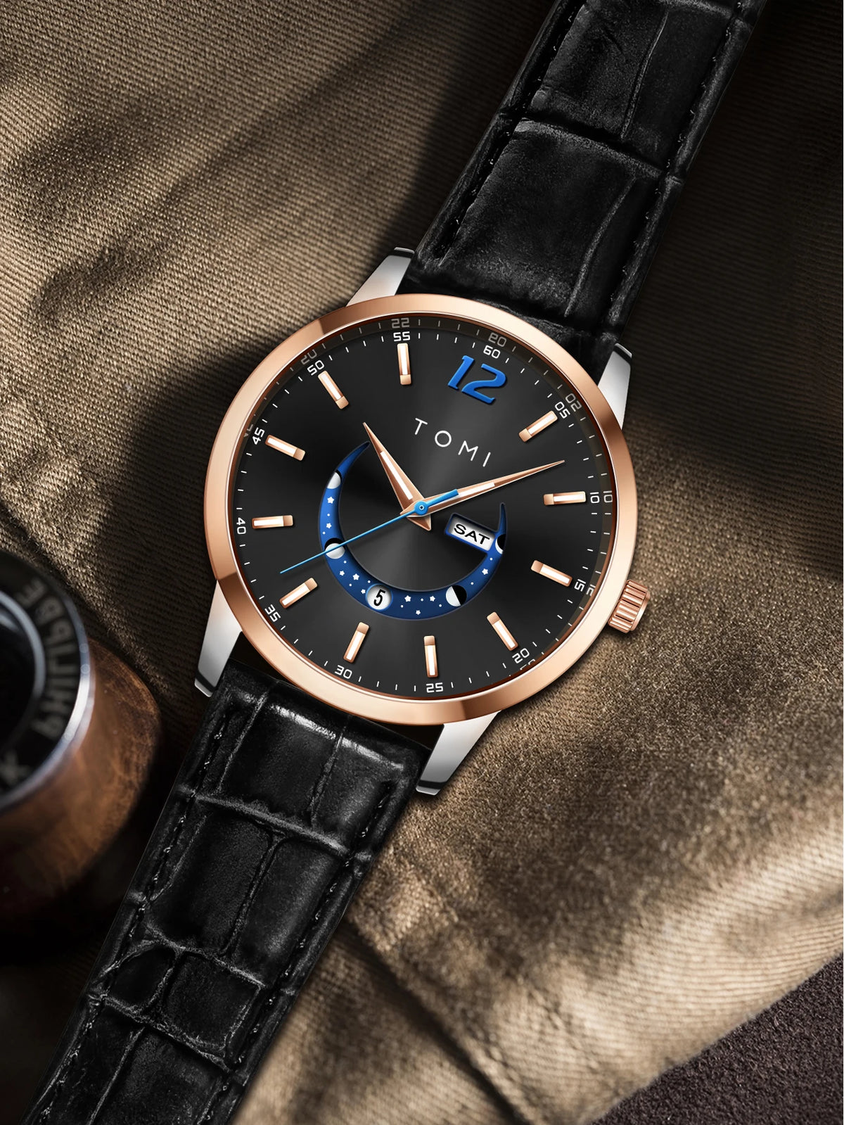 Reloj de cuarzo TOMI, de estilo elegante y profesional, con correa de piel, caja de aleación y esfera con agujas: diseño de alta gama, ideal como regalo para hombre.