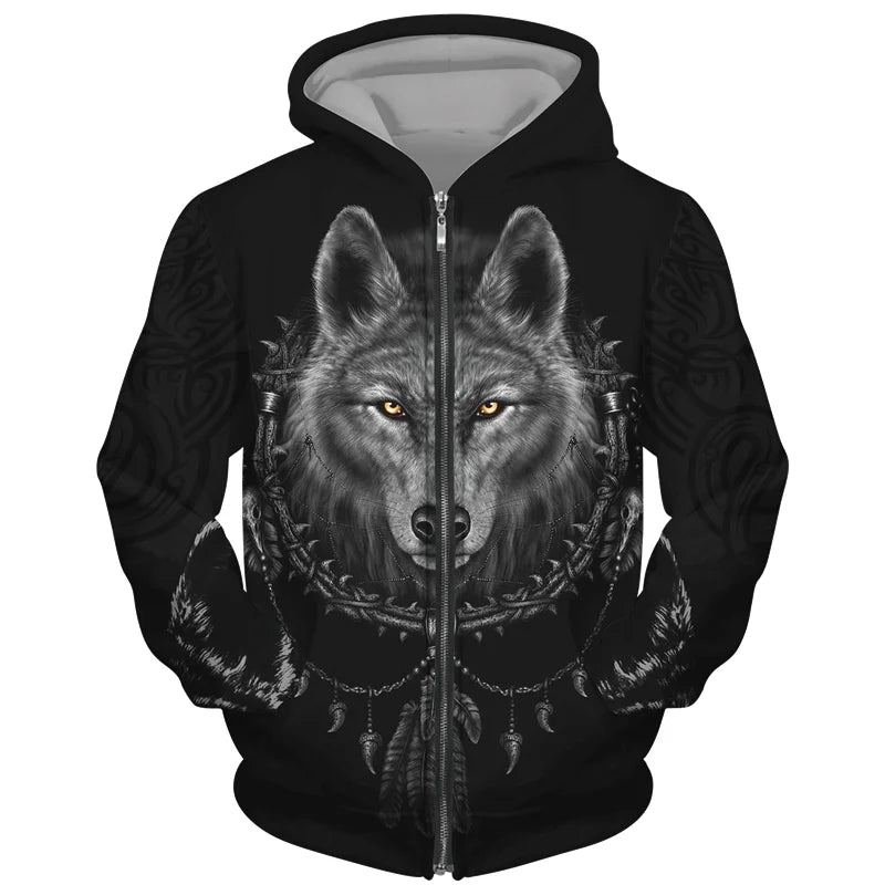Sweat à capuz com fecho e estampado 3D de lobo, estilo streetwear, para homem/mulher, casaco com capuz unissexo casual hip-hop