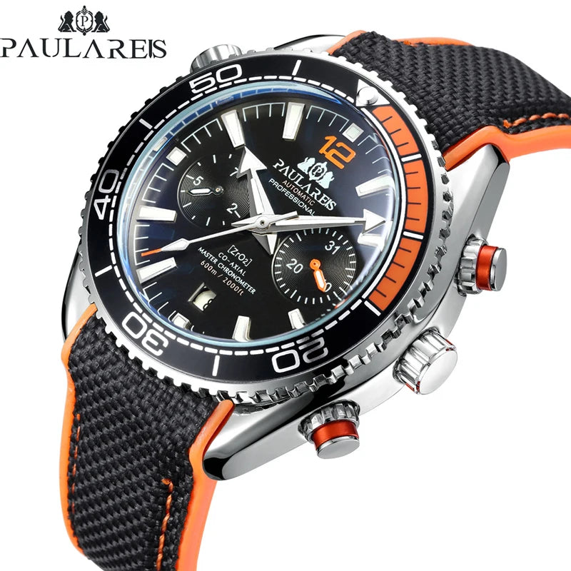 PAULAREIS P Reloj mecánico automático de lujo para hombre, cuerda automática, correa de caucho, resistente al agua, luminoso, con fecha, reloj de moda para hombre