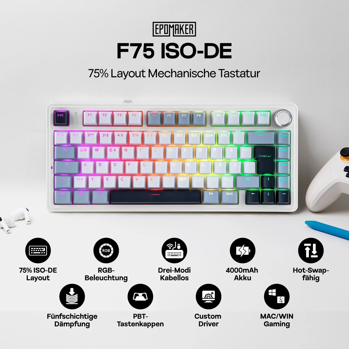 EPOMAKER x AULA F75 ISO-DE kabellose mechanische Tastatur mit Tri-Mode-Konnektivität, deutschem QWERTZ-Layout und 4000 mAh Akku