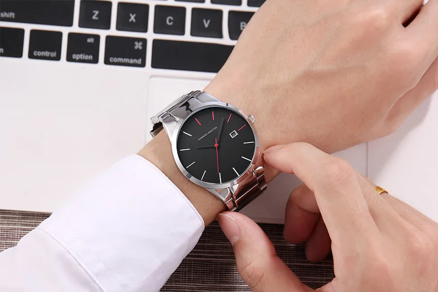 Reloj para hombre Hannah Martin, caja de acero inoxidable, mecanismo de cuarzo, esfera de 41 mm, estilo profesional, con indicador de calendario (imitación)