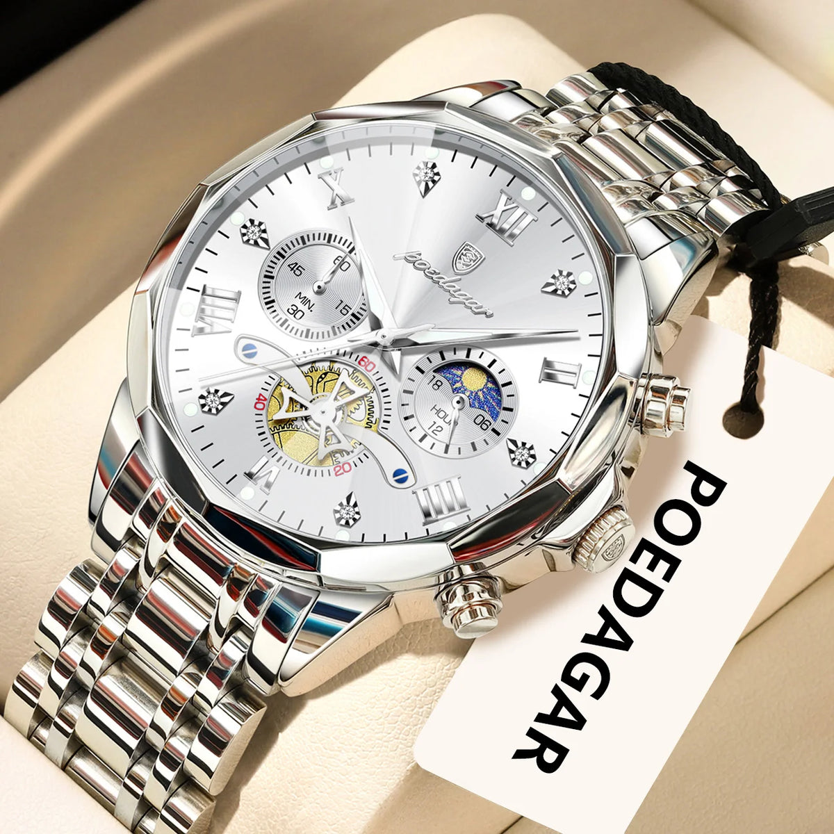 Original luxury POEDAGAR men’s watch, water-resistant, luminous chronograph, stainless steel quartz wristwatch, high-end men’s watches