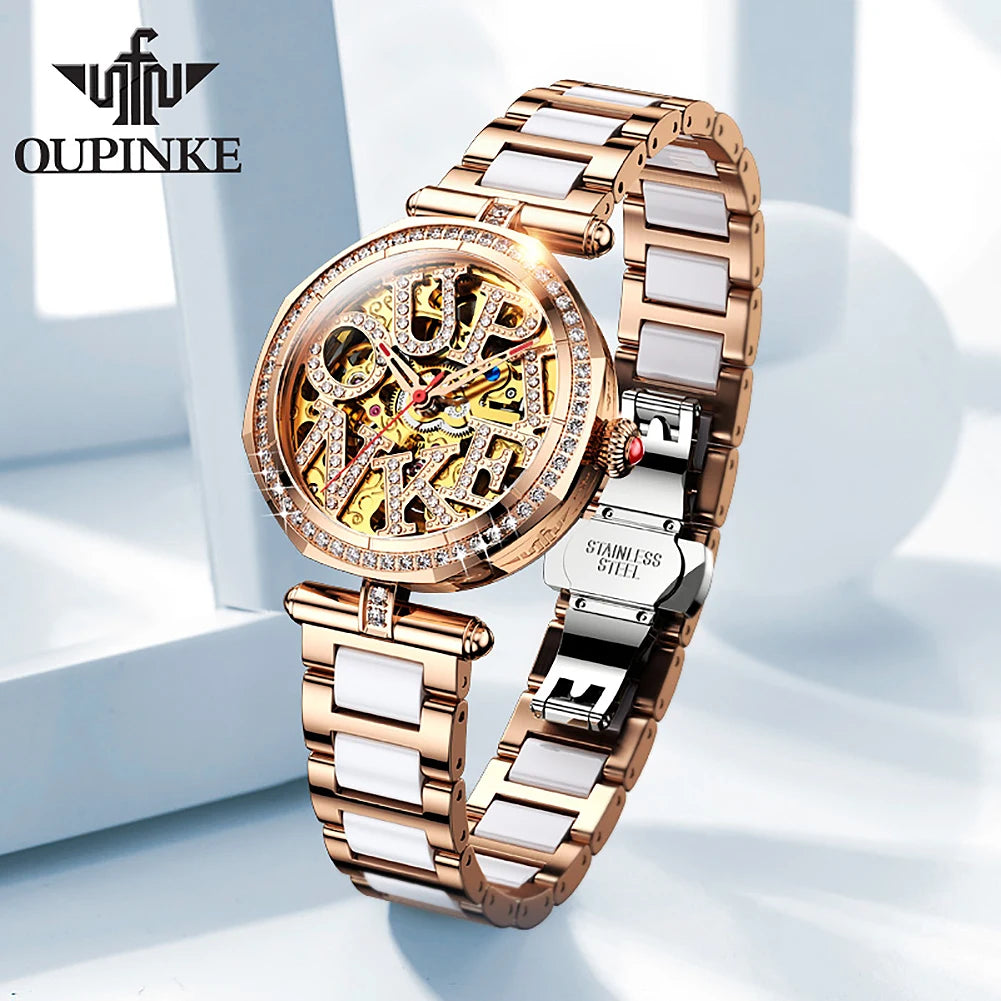 OUPINKE 3175 Women Watches Luxury Elegant Skeleton Automatic Mechanical Watches For Woman 50M Waterproof Bracelet Necklace Set