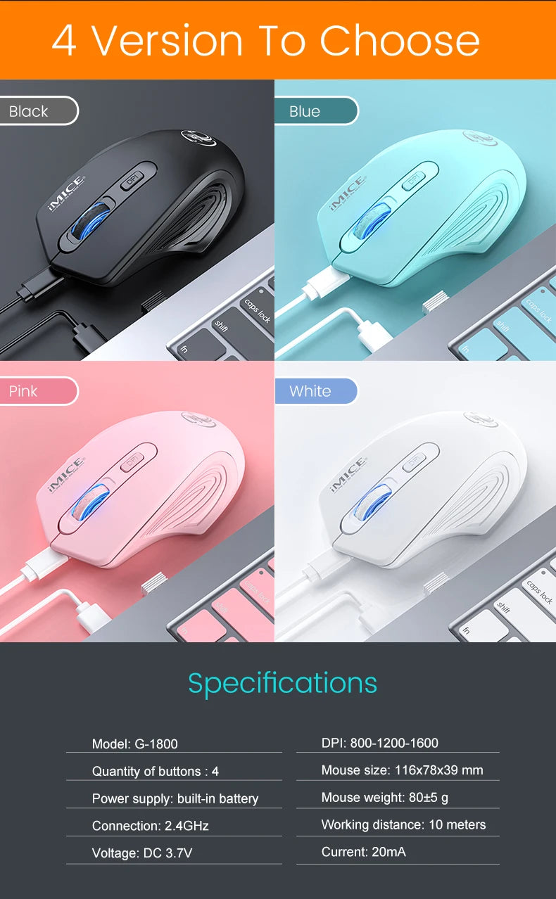 Silent Rechargeable 1600 DPI Adjustable 2.4GHz Wireless Connection Mouse Quiet Click For Office Use Compatible With PC Laptop