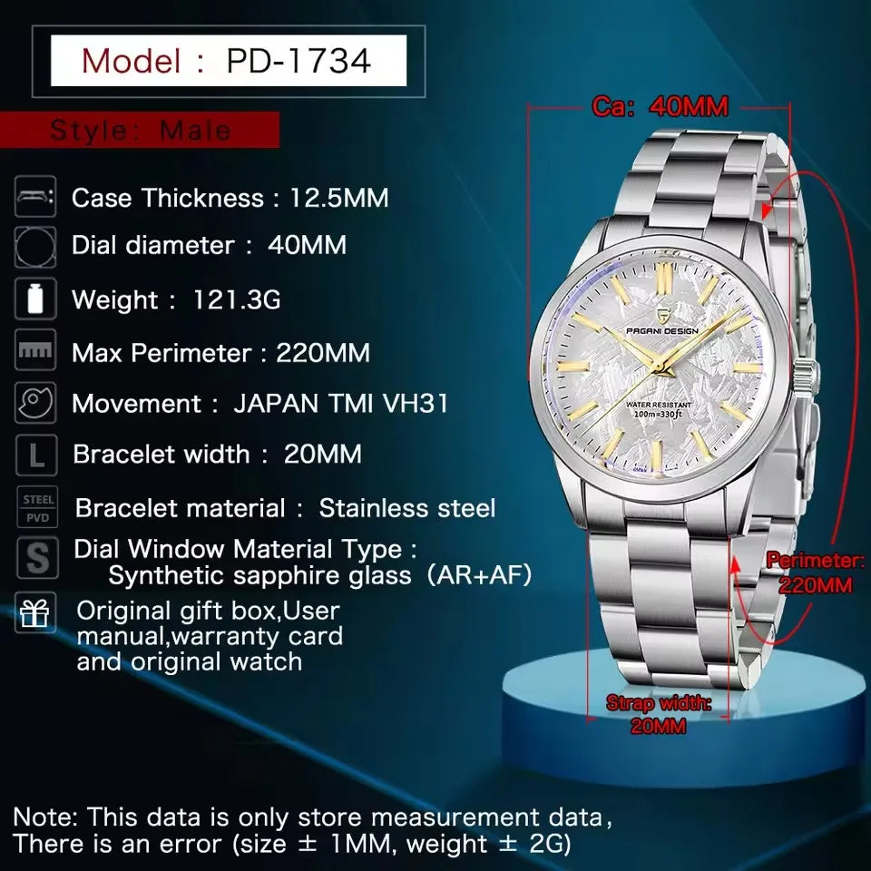 Relógio masculino PAGANI DESIGN 40MM com mostrador de meteorito, quartzo, luxo business, safira, aço inoxidável 316L, resistente à água 100M