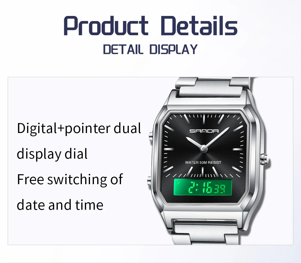 SANDA 747 Men’s & Women’s Luxury Digital Sports Watch  Stainless Steel, LED Dual Display & Waterproof