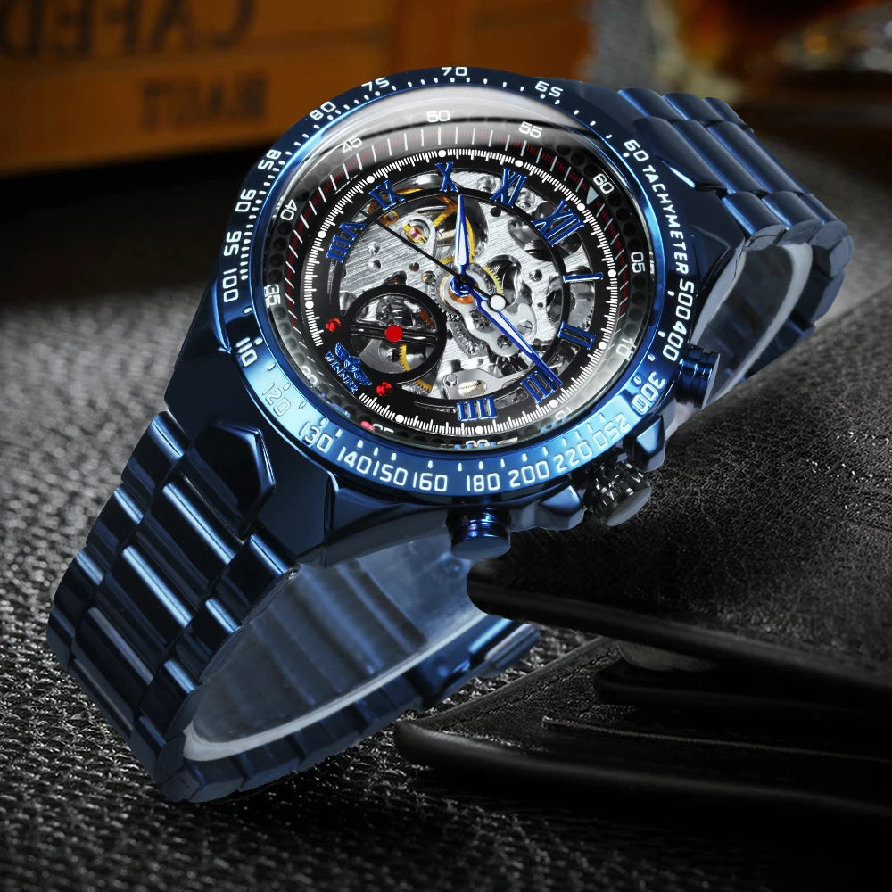 Montre automatique pour homme WINNER – Modèle squelette transparent, aiguilles luminescentes, bracelet en acier inoxydable, montre mécanique de marque de luxe