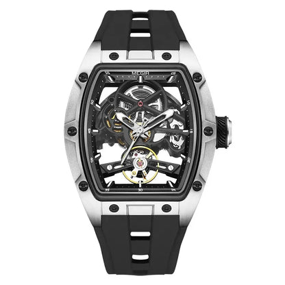 Relógio de pulso automático MEGIR para homem, com bracelete em silicone preto, impermeável, luminoso, desportivo e mecânico, com mostrador tonneau 2242