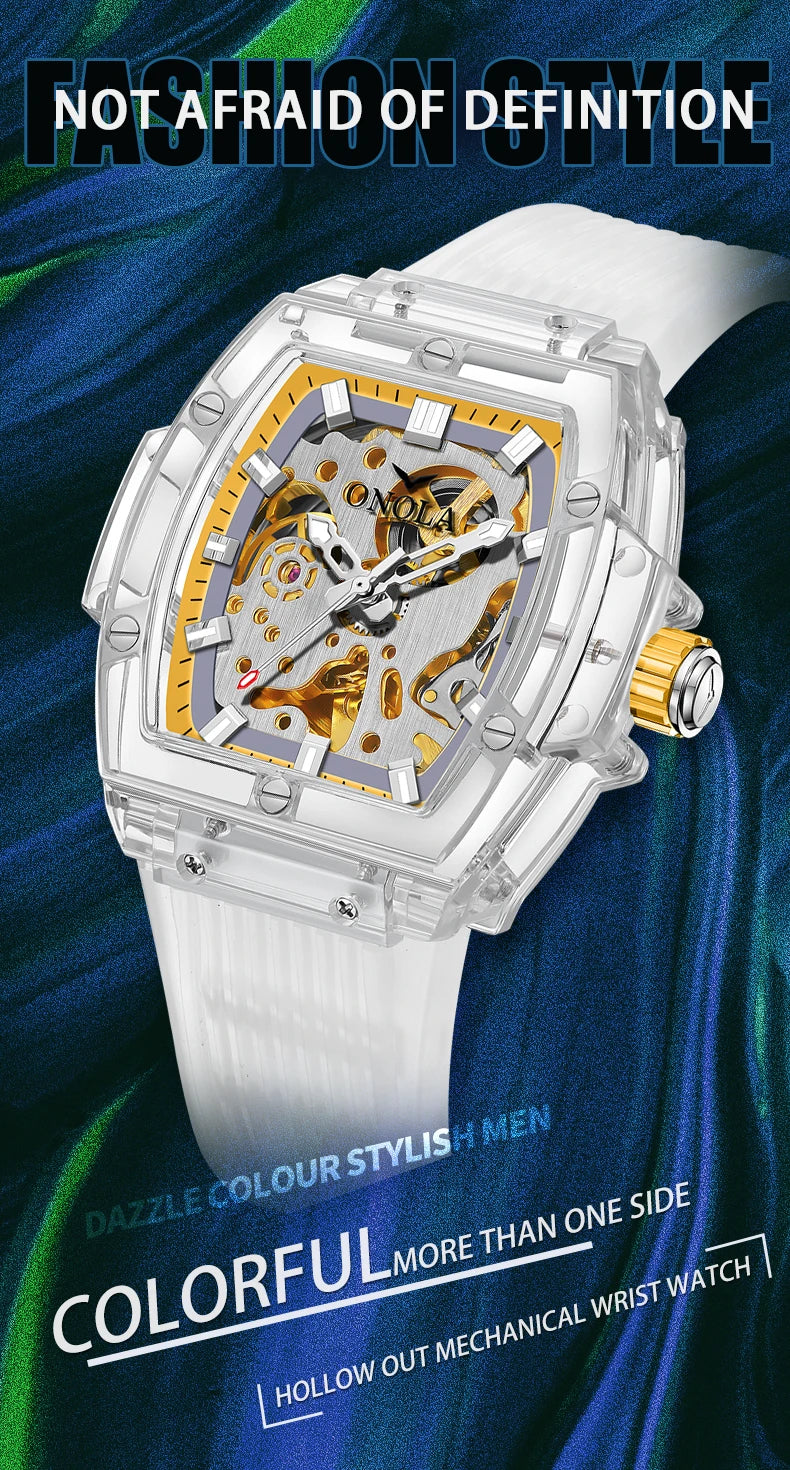 Luxury men's watch onola plastic transparent hollow full automatic mechanical watches men waterproof clock