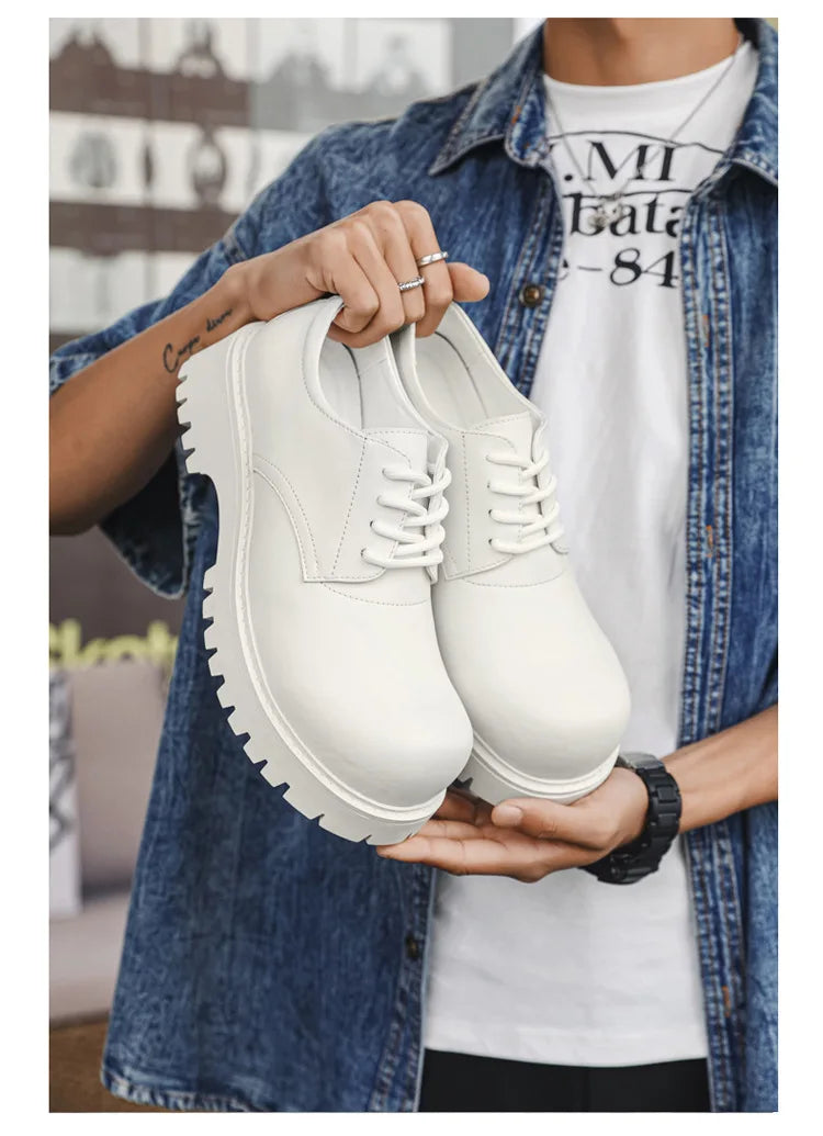 Thick Sole Casual Genuine Leather Dress Shoes Men Platform Heighten Japan Harajuku Korean Streetwear Fashion Shoes White