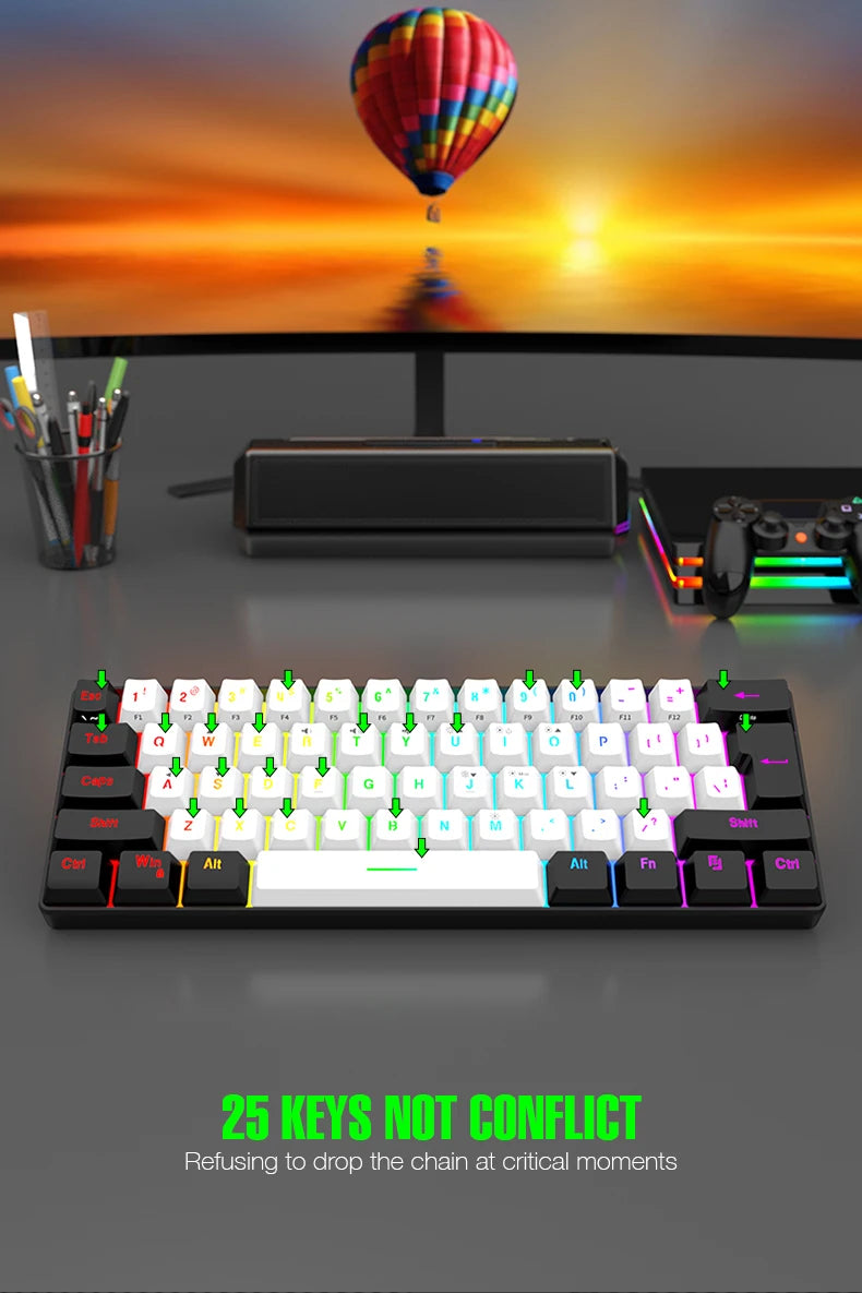 Wasserdichte mechanische 61-Tasten-Tastatur mit Kabel in Weiß, mit schwarzen und blauen Switches, RGB-beleuchtet – Gaming- und Office-Set, PUBG Gamer Backlit
