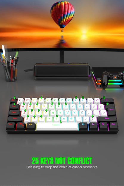 Wasserdichte mechanische 61-Tasten-Tastatur mit Kabel in Weiß, mit schwarzen und blauen Switches, RGB-beleuchtet – Gaming- und Office-Set, PUBG Gamer Backlit