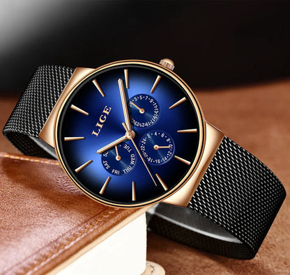 Montre pour femme LIGE, élégante et tendance – Style sport-décontracté, bracelet en maille, mouvement à quartz, affichage de la date et du jour, étanche.