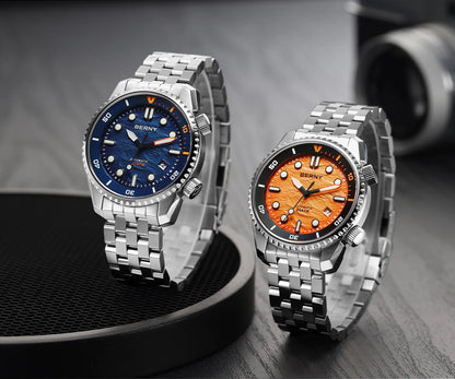 BERNY Automatic Diver Watch for Men Top Luxury Sapphire 316L Steel Blue Dial 200M Waterproof Mechanical Diving Men's Watches