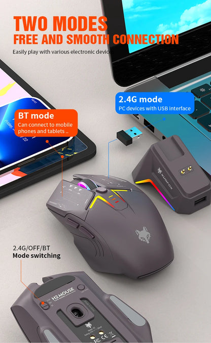 Rato XUNSVFOX H2 sem fios Bluetooth de modo duplo, iluminação RGB, para portátil, gaming e escritório, com carregamento magnético