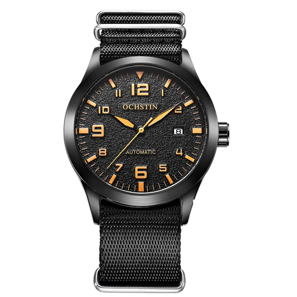 OCHSTIN Mens Fashion Luxury Mechanical Automatic Skeleton Watch Transparent Back Cover Creative Design With Yellow Calendar Dial