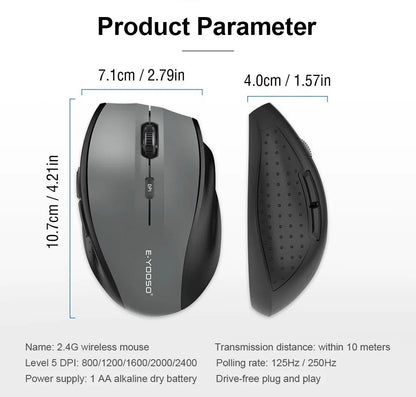 Rato E-YOOSO E-1010 USB 2.4G sem fios para gaming e escritório, 2400 DPI, ótico, ergonómico, para portátil, PC e computador
