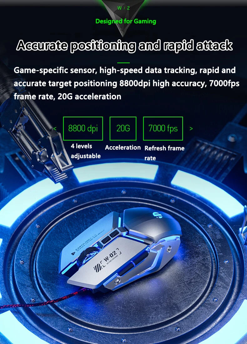 Inphic W2 2. Generation USB-kabelgebundene Gaming-Maus mit Silent Click, Metall-Style, 6-Tasten-Makroprogrammierung, 8800DPI