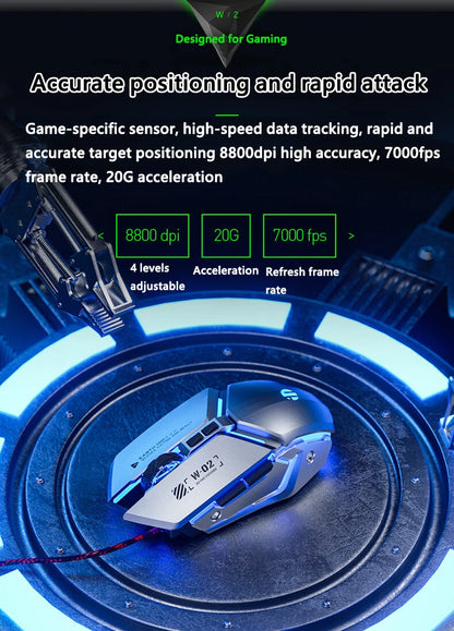 Inphic W2 2. Generation USB-kabelgebundene Gaming-Maus mit Silent Click, Metall-Style, 6-Tasten-Makroprogrammierung, 8800DPI