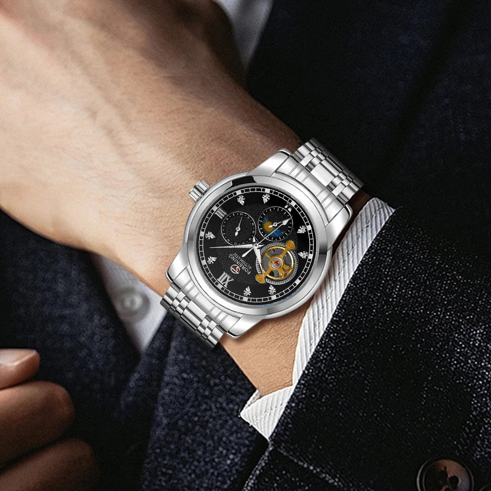 Forsining mekanisk automatisk herreur – Luksus-, forretnings- og modestil, metalarmbånd, tourbillon, selvlysende visere, prydet med syntetiske diamanter