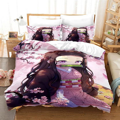Nezuko Kamado patalynės komplektas, anime „Demon Slayer“ antklodės užvalkalas, patalynė, Single Twin Full Queen dydžiai, 3D dovana vaikams, mergaitėms ir berniukams
