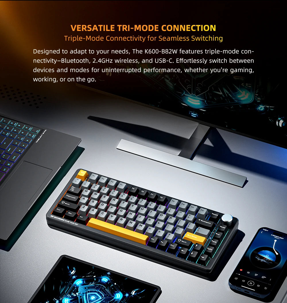 Machenike K600-B82W mechanische Gaming-Tastatur, Tri-Mode, Gasket-Mount, 75% ANSI-Layout, RGB-Hintergrundbeleuchtung, kabellos