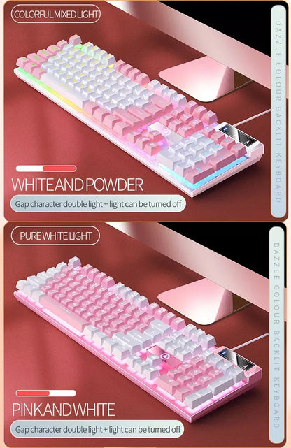 K500 Pink Keyboard Gaming-Tastatur in gemischten Farben mit weiß-rosa Tastenkappen, 104 Tasten, kabelgebunden, für Laptop und PC