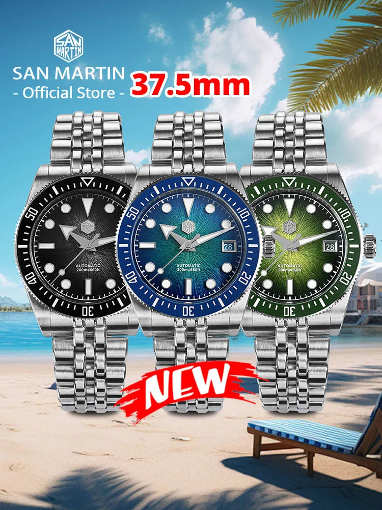 Relógio de mergulho de luxo para homem San Martin 40mm Miyota 9015, mostrador em esmalte sunburst, relógio de pulso mecânico automático, resistente à água 200m, SN0148