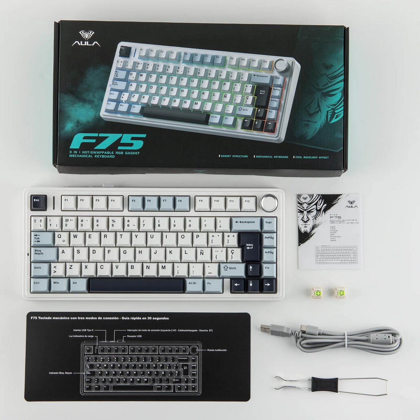 EPOMAKER AULA F75 ISO-ES 75% Spanische QWERTY Hot-Swap, Gasket-Mounted, kabelgebundene/Bluetooth/2.4GHz kabellose mechanische Gaming-Tastatur mit RGB-Hintergrundbeleuchtung