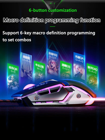 Inphic W2 2. Generation USB-kabelgebundene Gaming-Maus mit Silent Click, Metall-Style, 6-Tasten-Makroprogrammierung, 8800DPI