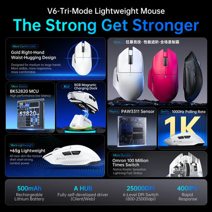 ATTACK SHARK V6 Wireless Gaming Superlight Mouse with RGB Magnetic Charging Dock, PAW3311 Sensor, Macro Gaming Mouse